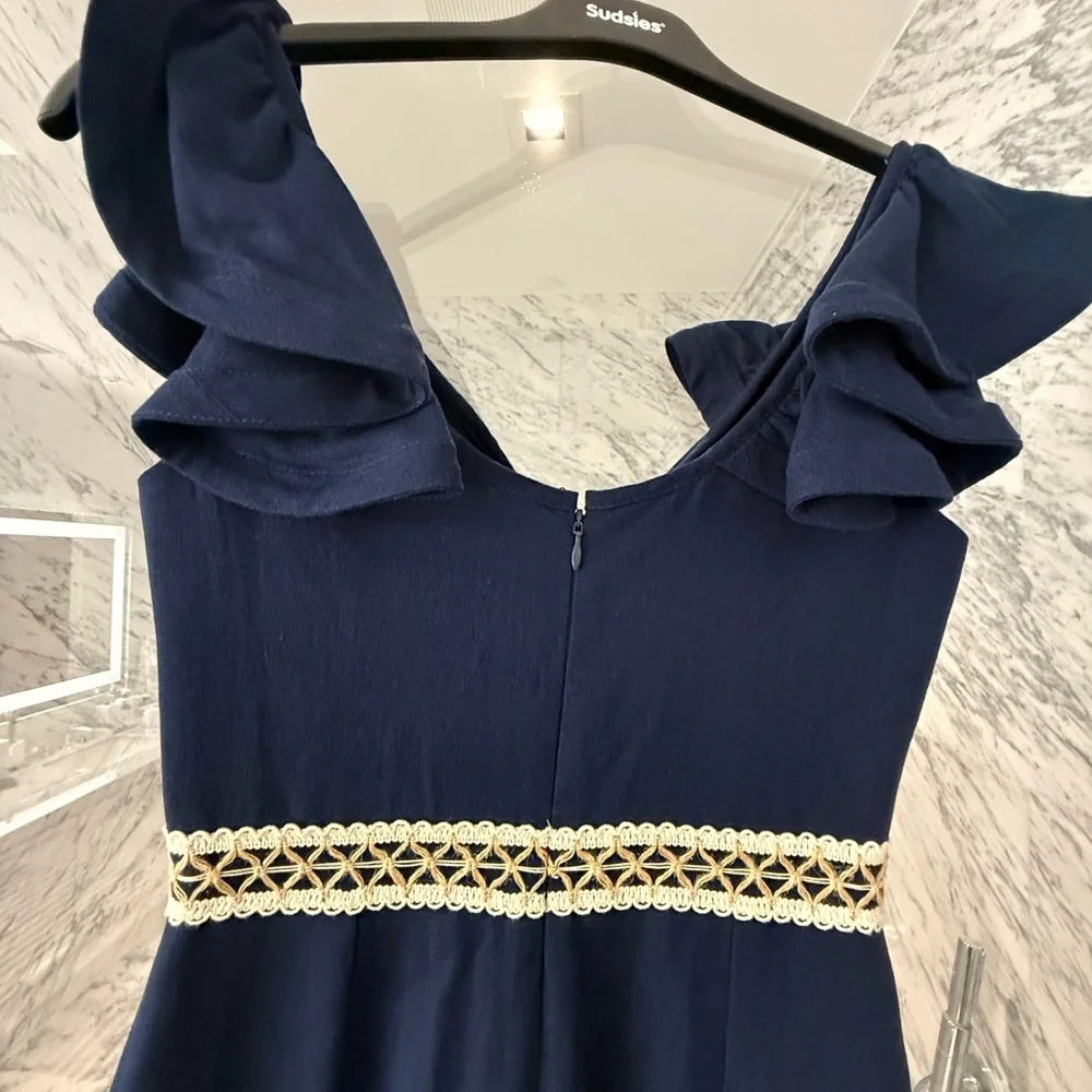 PatBO NEW Navy Ruffle Mini Dress w/ Crochet Waist & Fringe Hem | Size 4 - Picture 5 of 9
